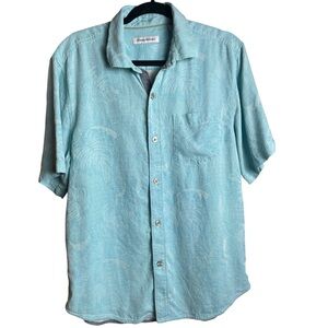 Tommy Bahama Men 100% Silk Aqua Blue Resortwear Casual Short Sleeve Button Shirt